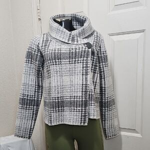 Christian Siriano Gray & White Plaid Asymmetric Pea Coat